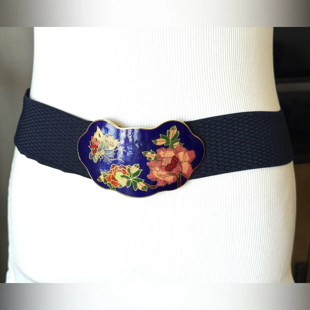 Vintage Cloisonné Floral Blue Stretchy Belt